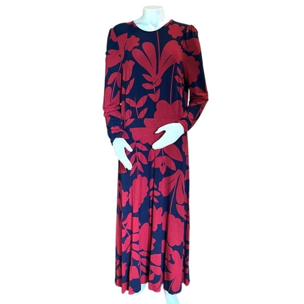 Boden Navy Red Floral Jersey Maxi Dress Long Sleeve US 12 Retro Statement Modest
